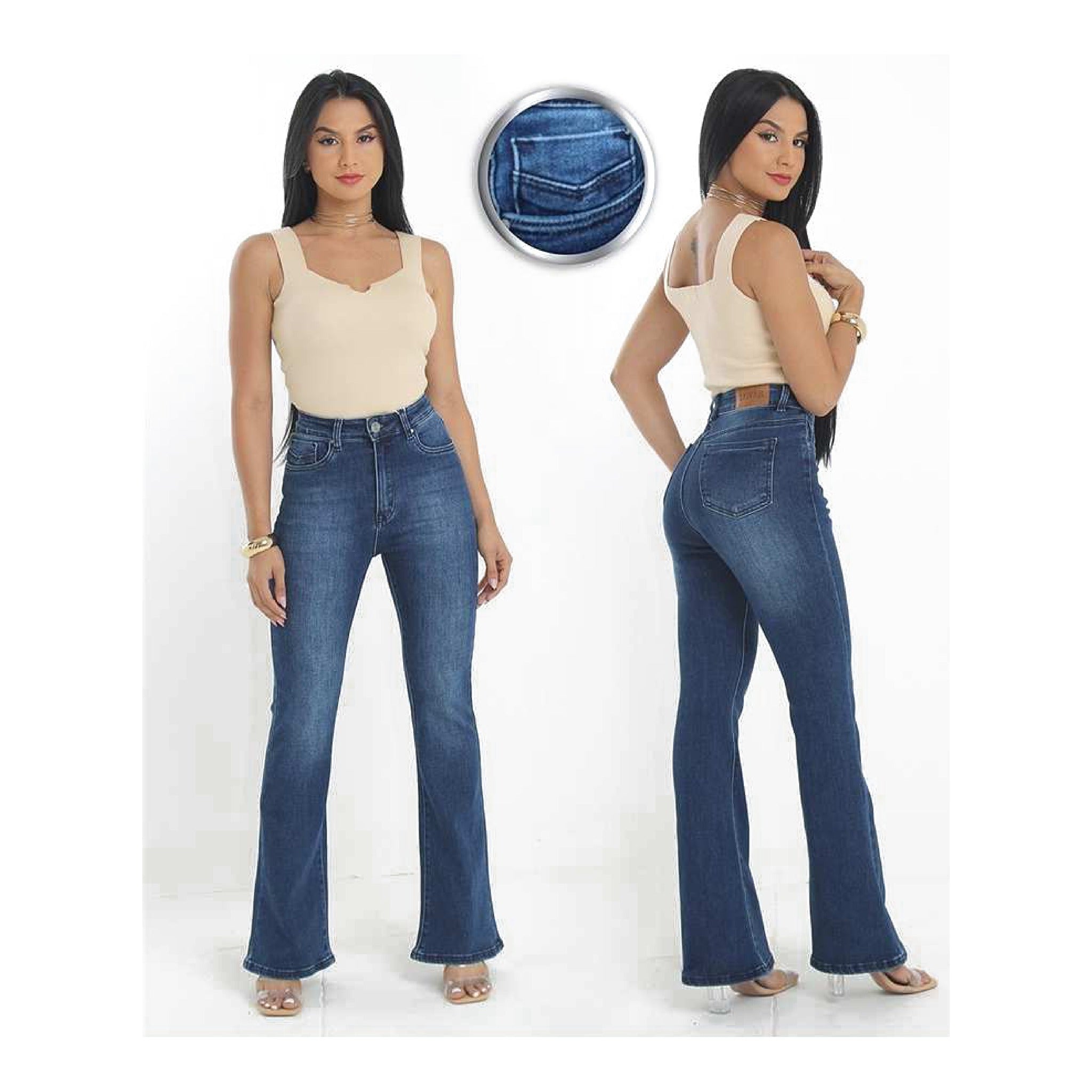 JEANS TIRO ALTO ACAMPANADO AZUL LAVADO CON BOLSILLO DECORATIVO
